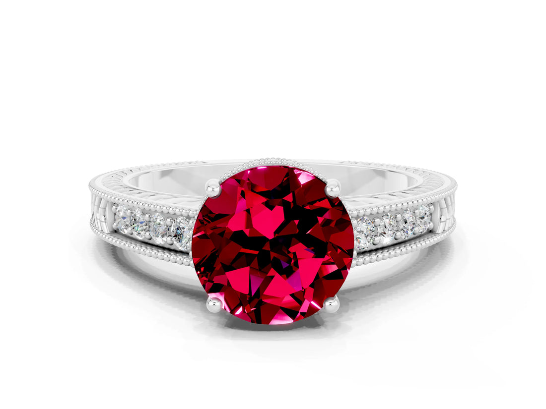 White gold Round Cut Garnet Ring with Milgrain Pavé Band and Four-Prong Setting_12