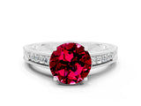 White gold Round Cut Garnet Ring with Milgrain Pavé Band and Four-Prong Setting_12