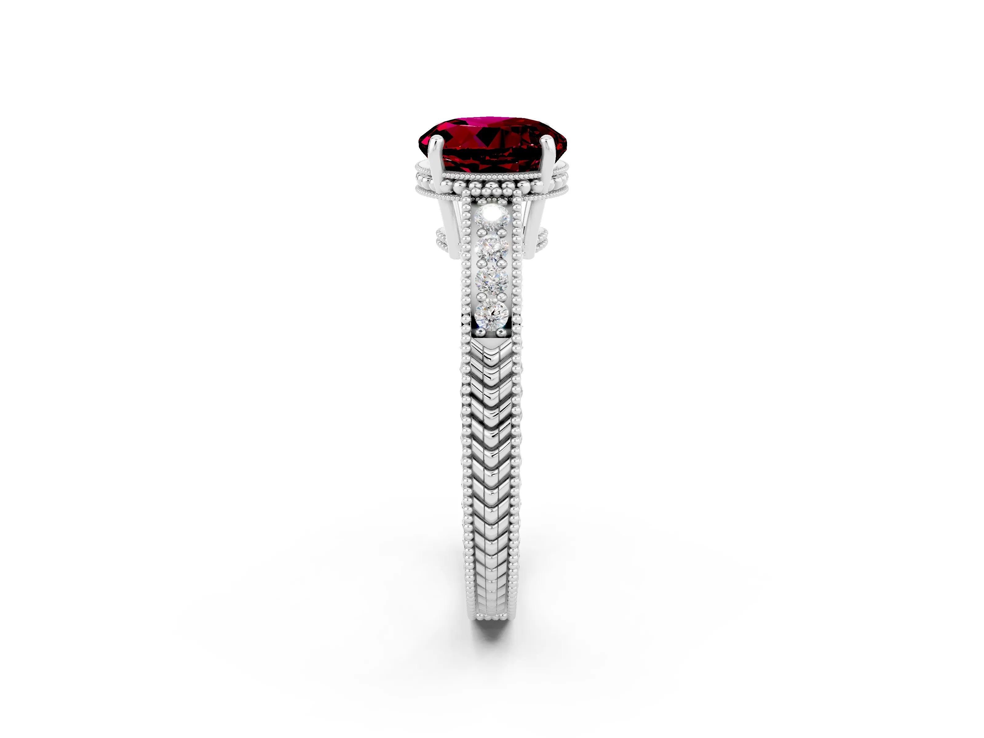 White gold Round Cut Garnet Ring with Milgrain Pavé Band and Four-Prong Setting_14