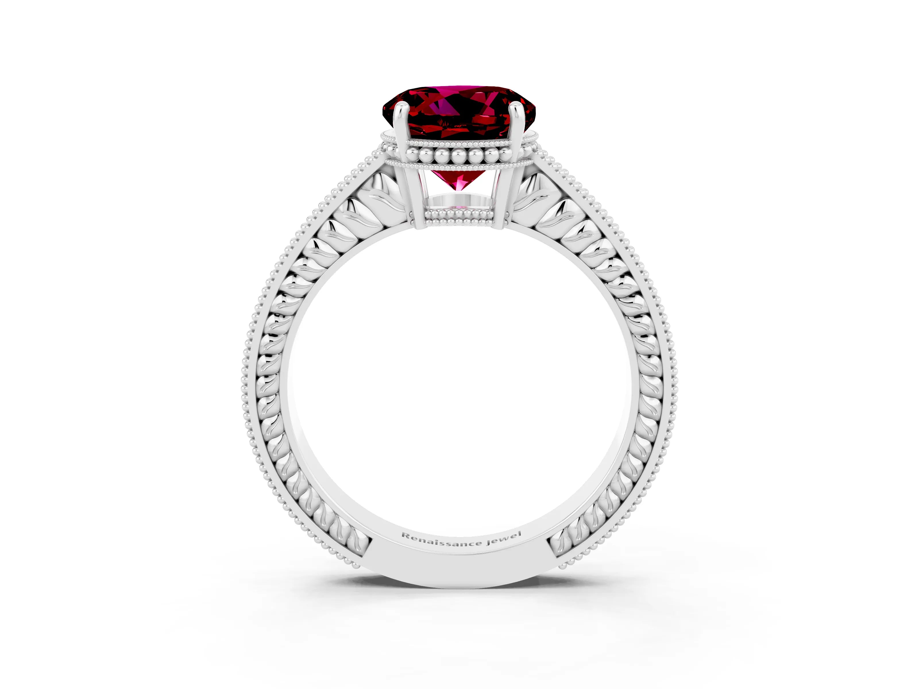 White gold Round Cut Garnet Ring with Milgrain Pavé Band and Four-Prong Setting_15