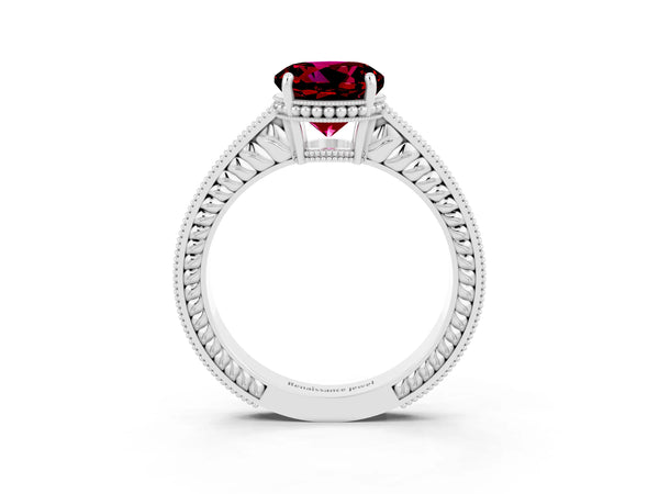 Silver Round Cut Garnet Ring with Milgrain Pavé Band and Four-Prong Setting