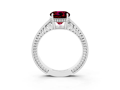 White gold Round Cut Garnet Ring with Milgrain Pavé Band and Four-Prong Setting_15