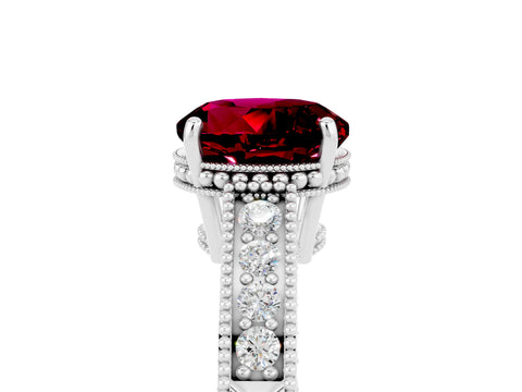White gold Round Cut Garnet Ring with Milgrain Pavé Band and Four-Prong Setting_17