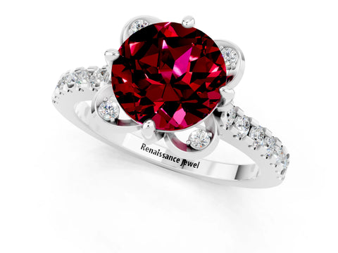 White gold Round Cut Garnet Ring with Pavé Band and Floral Prong Setting_1