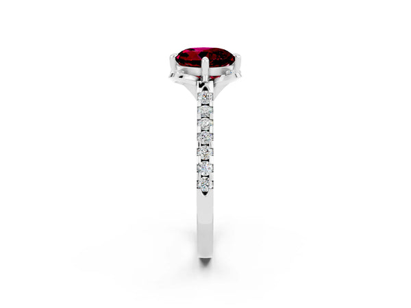 Platinum Round Cut Garnet Ring with Pavé Band and Floral Prong Setting