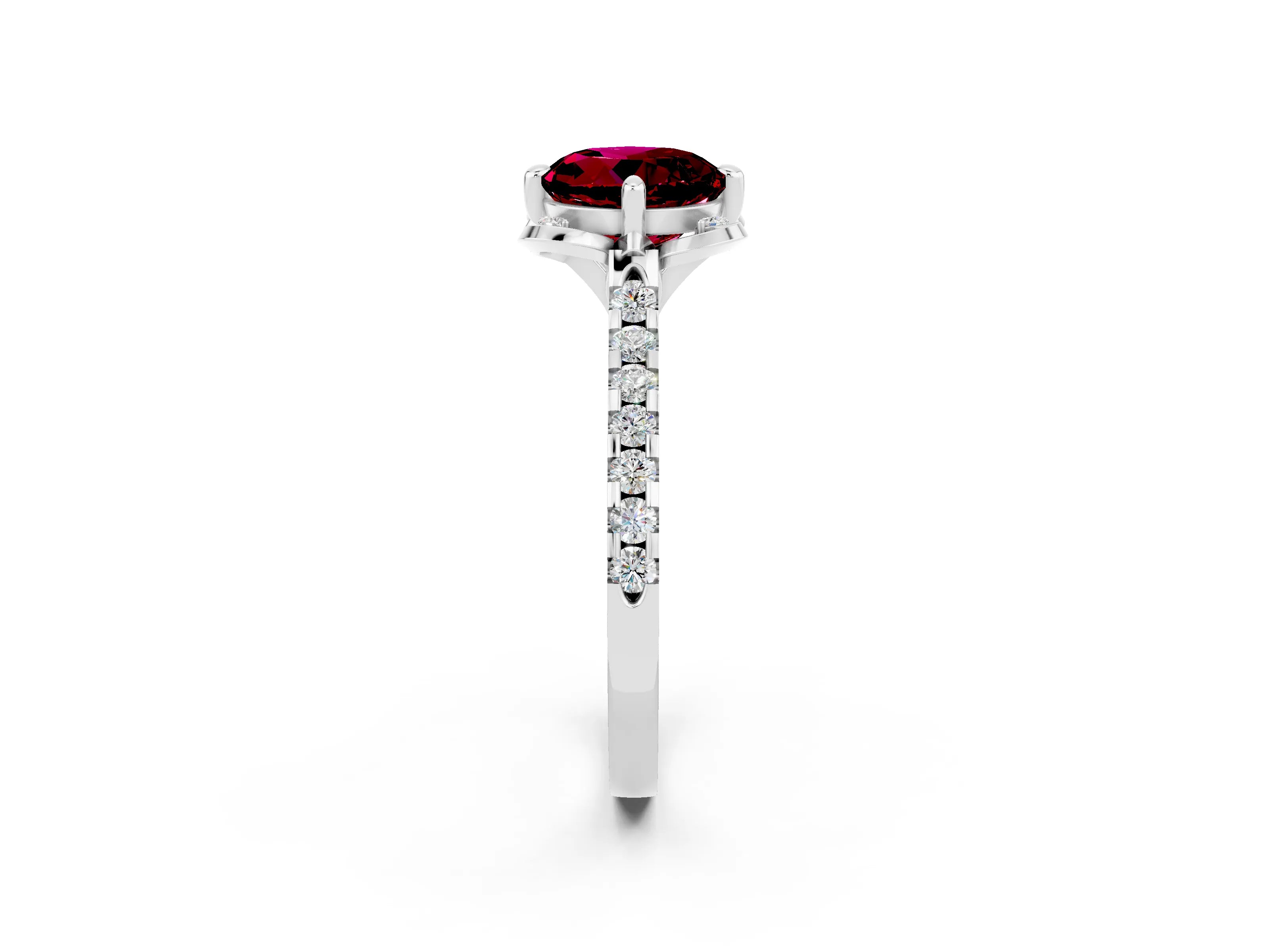White gold Round Cut Garnet Ring with Pavé Band and Floral Prong Setting_2