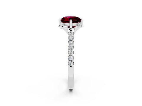 White gold Round Cut Garnet Ring with Pavé Band and Floral Prong Setting_2