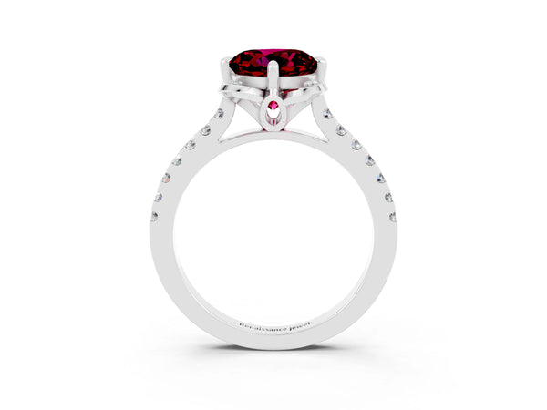 Silver Round Cut Garnet Ring with Pavé Band and Floral Prong Setting
