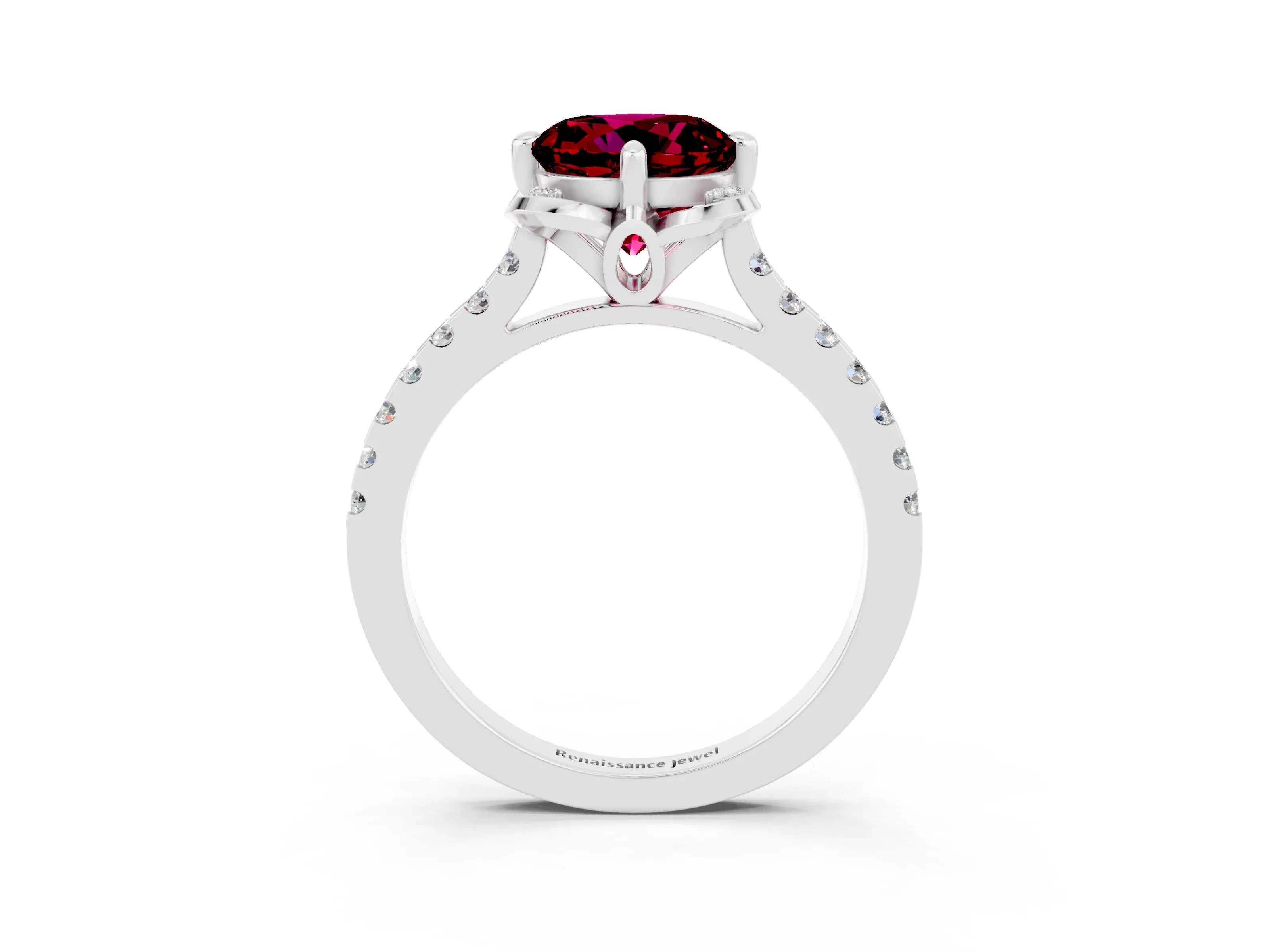 White gold Round Cut Garnet Ring with Pavé Band and Floral Prong Setting_3