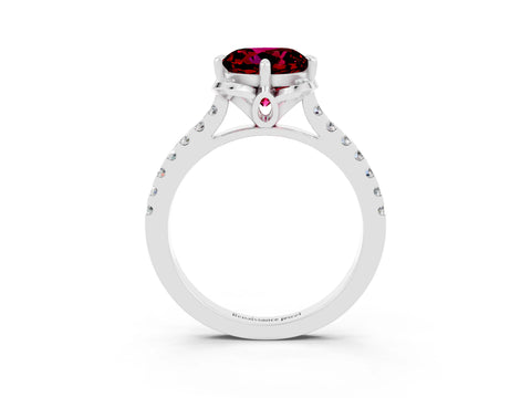 White gold Round Cut Garnet Ring with Pavé Band and Floral Prong Setting_3