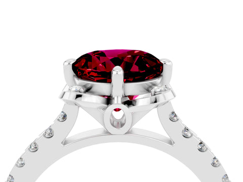 White gold Round Cut Garnet Ring with Pavé Band and Floral Prong Setting_4