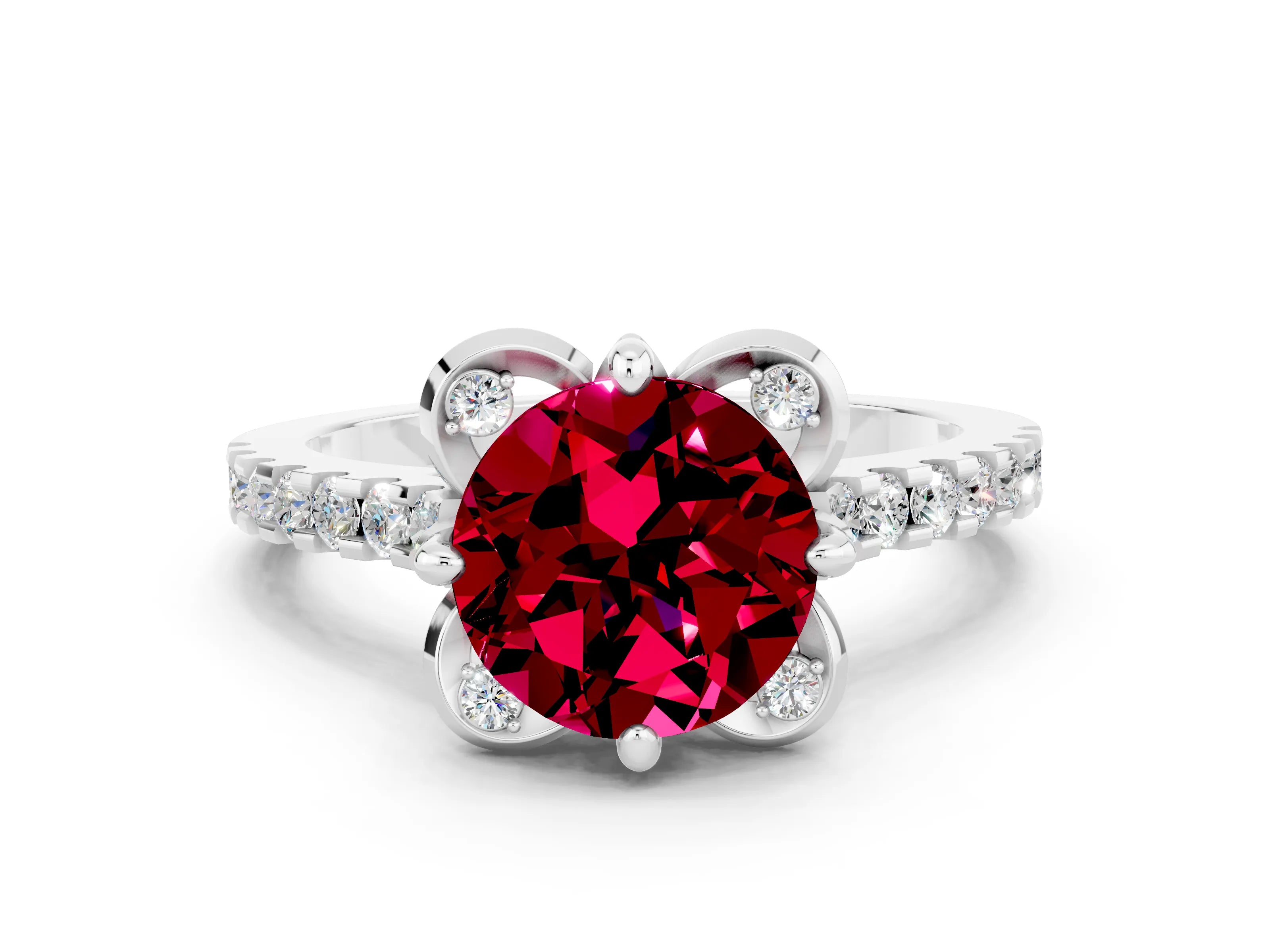 White gold Round Cut Garnet Ring with Pavé Band and Floral Prong Setting