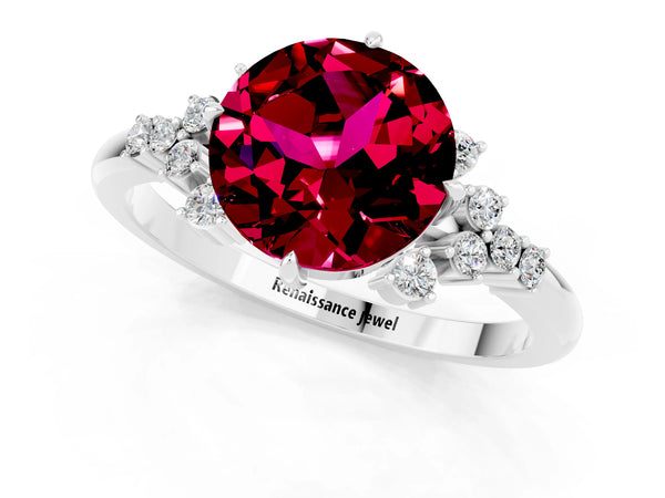 White gold Round Cut Garnet Ring with Side Stones and Four-Prong Setting