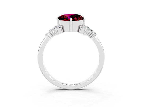 Platinum Round Cut Garnet Ring with Side Stones and Four-Prong Setting