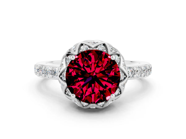 Platinum Round Cut Garnet Scalloped Halo Engagement Ring with Round Shared Prong Band