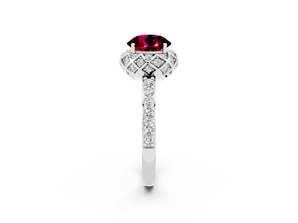 Silver Round Cut Garnet Scalloped Halo Engagement Ring with Round Shared Prong Band
