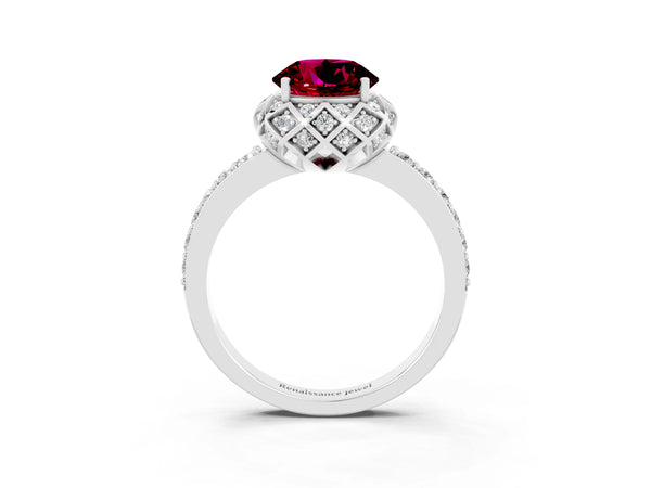 Platinum Round Cut Garnet Scalloped Halo Engagement Ring with Round Shared Prong Band