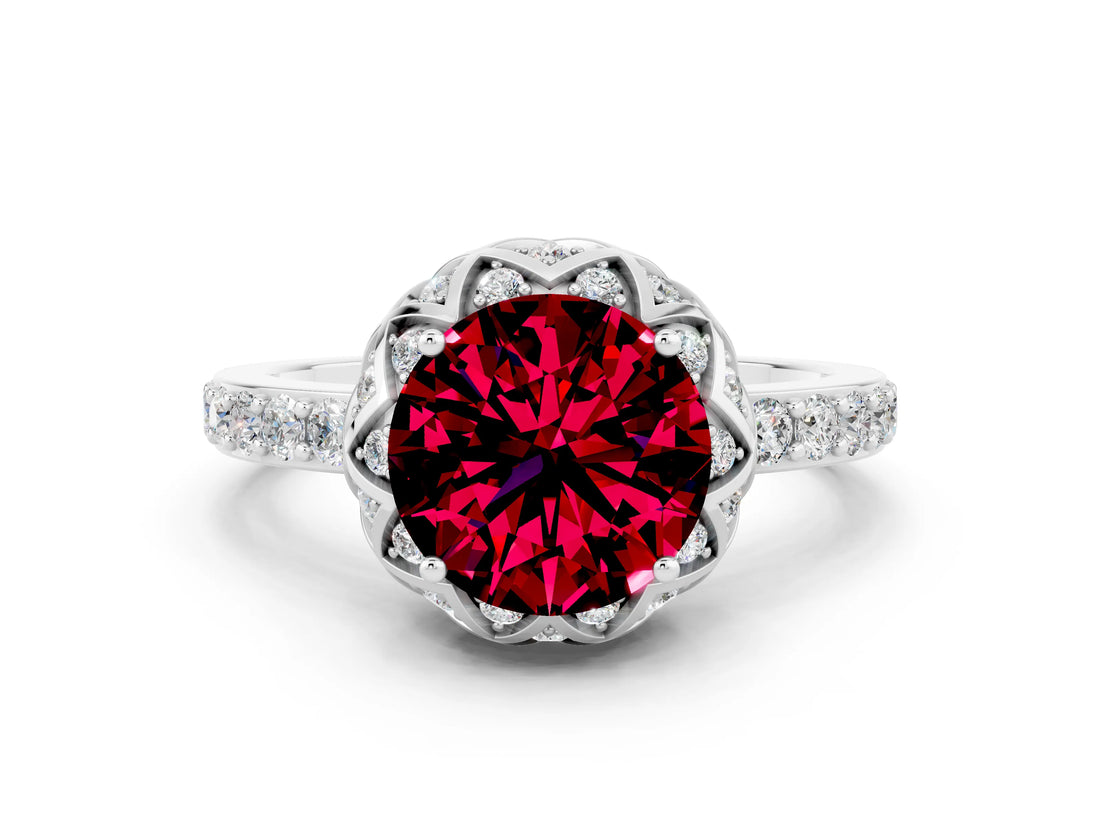 White gold Round Cut Garnet Scalloped Halo Engagement Ring with Round Shared Prong Band_24