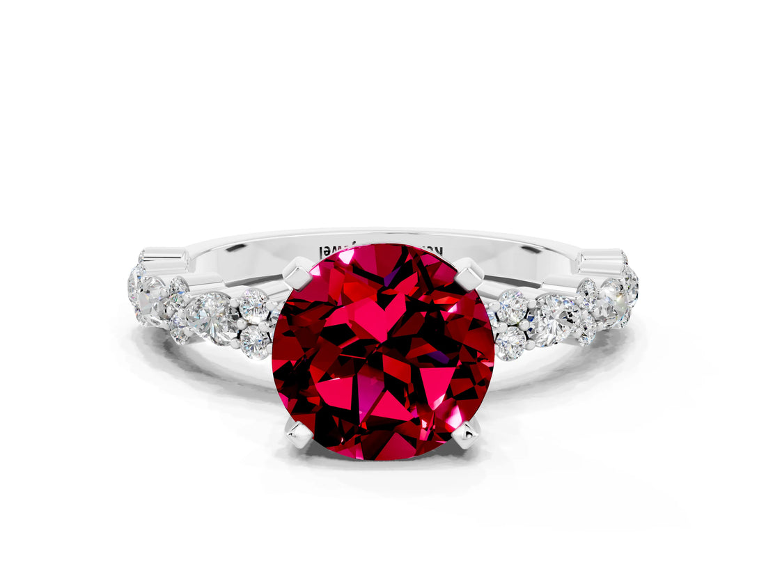 White gold Round Cut Garnet Side Stone Solitaire Ring with Round  and Four-Prong Setting_48