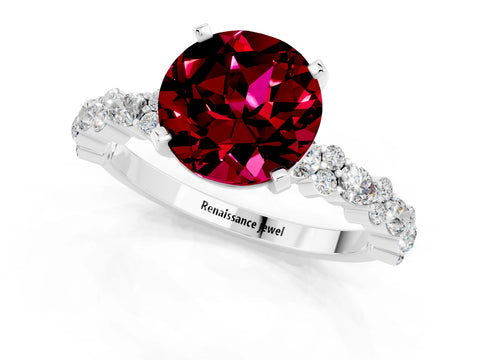 White gold Round Cut Garnet Side Stone Solitaire Ring with Round  and Four-Prong Setting_49