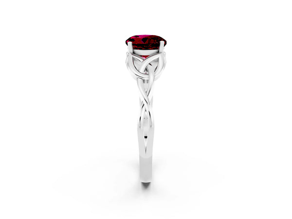 White gold Round Cut Garnet Solitaire Celtic Knot Ring with Four-Prong Setting