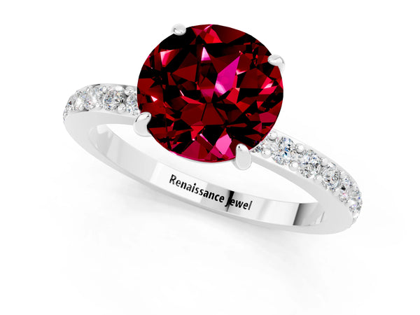 White gold Round Cut Garnet Solitaire Engagement Ring with Pavé Band and Four-Prong Setting