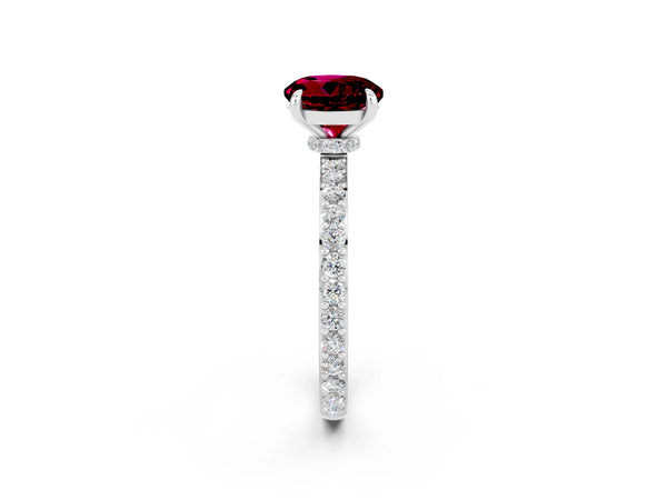 Platinum Round Cut Garnet Solitaire Engagement Ring with Pavé Band and Four-Prong Setting