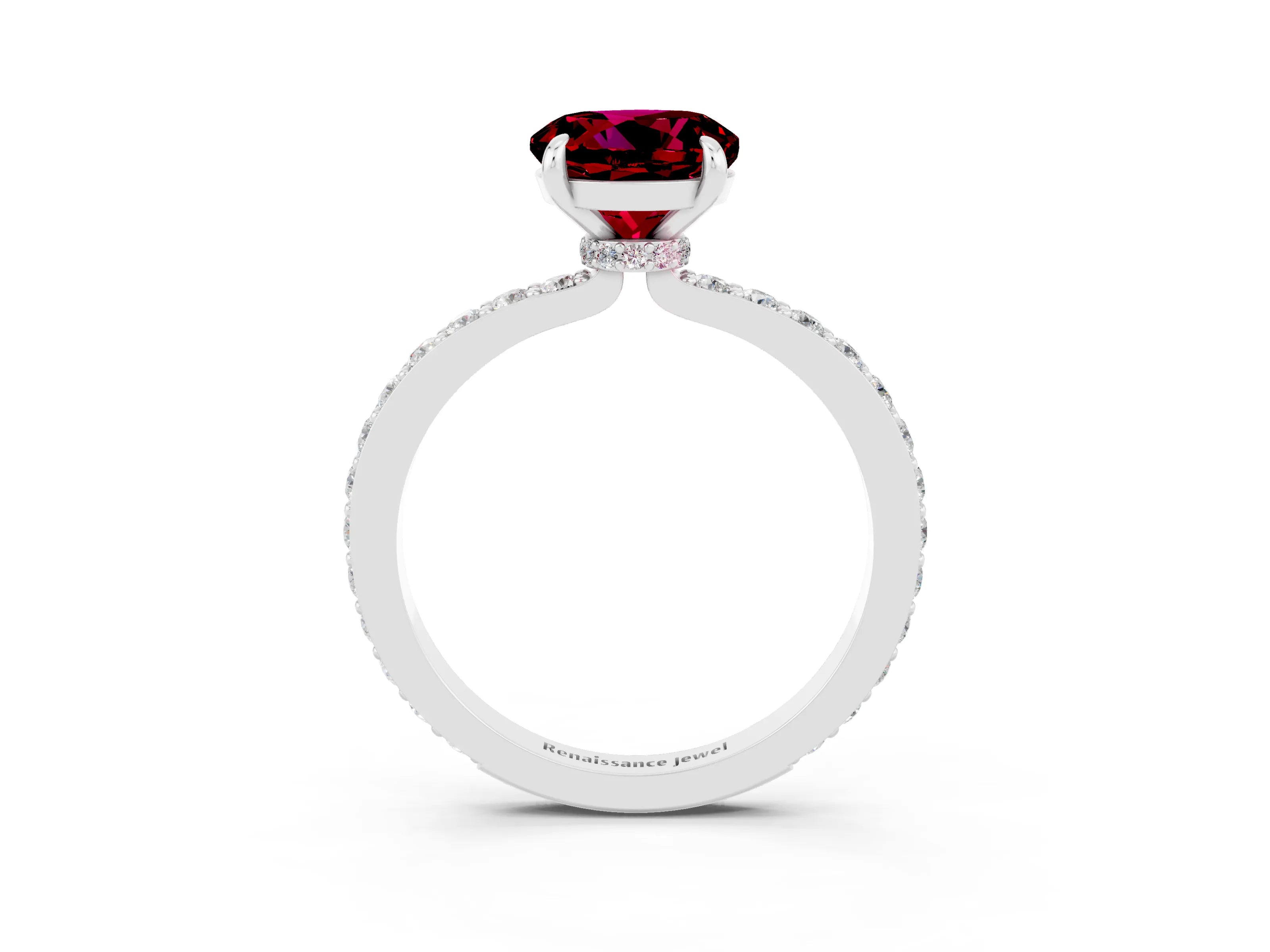 White gold Round Cut Garnet Solitaire Engagement Ring with Pavé Band and Four-Prong Setting_3
