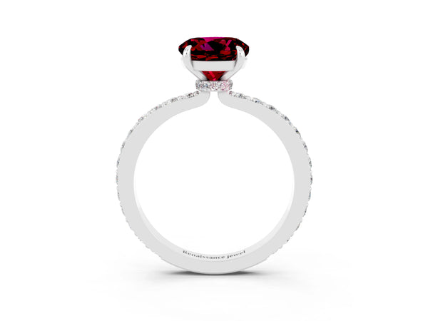 White gold Round Cut Garnet Solitaire Engagement Ring with Pavé Band and Four-Prong Setting