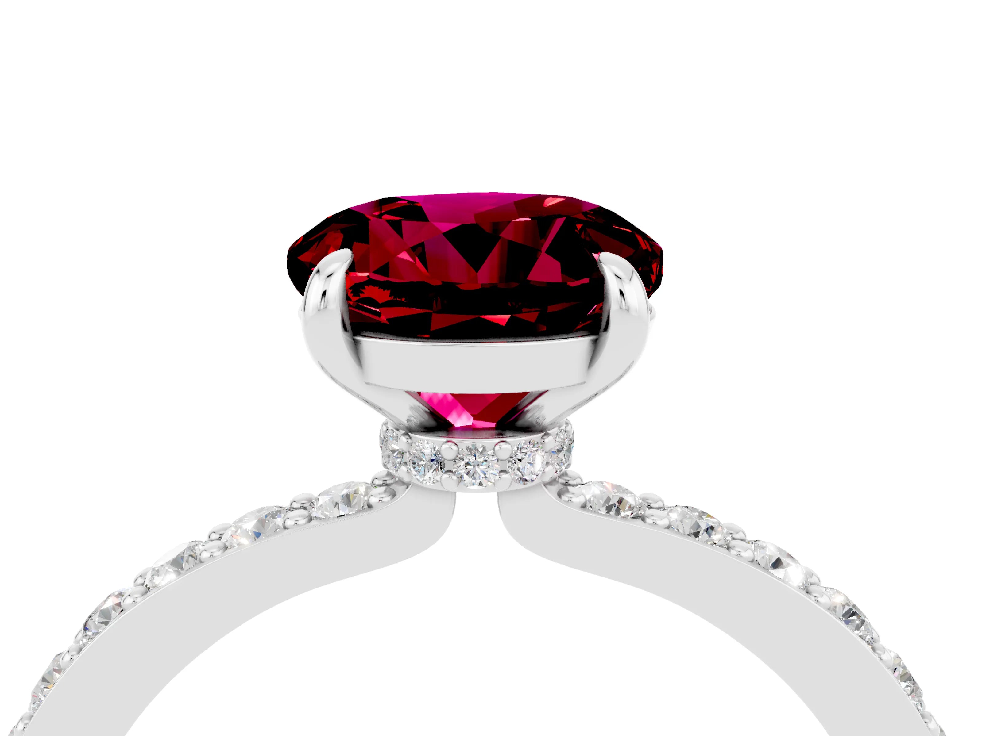 White gold Round Cut Garnet Solitaire Engagement Ring with Pavé Band and Four-Prong Setting_4