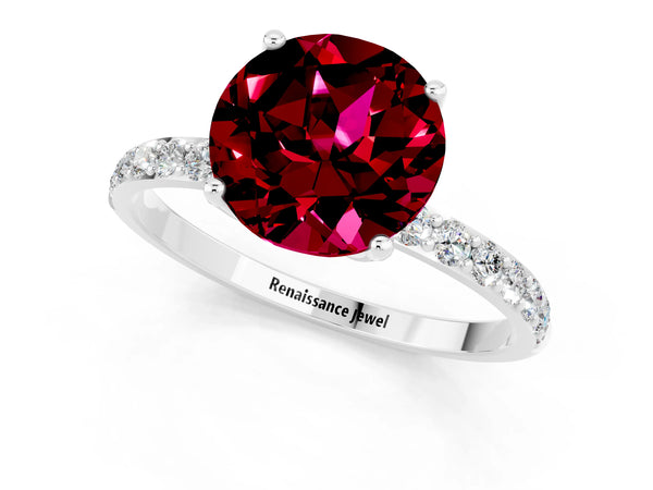 White gold Round Cut Garnet Solitaire Engagement Ring with Round  Pavé Band and Prong Setting
