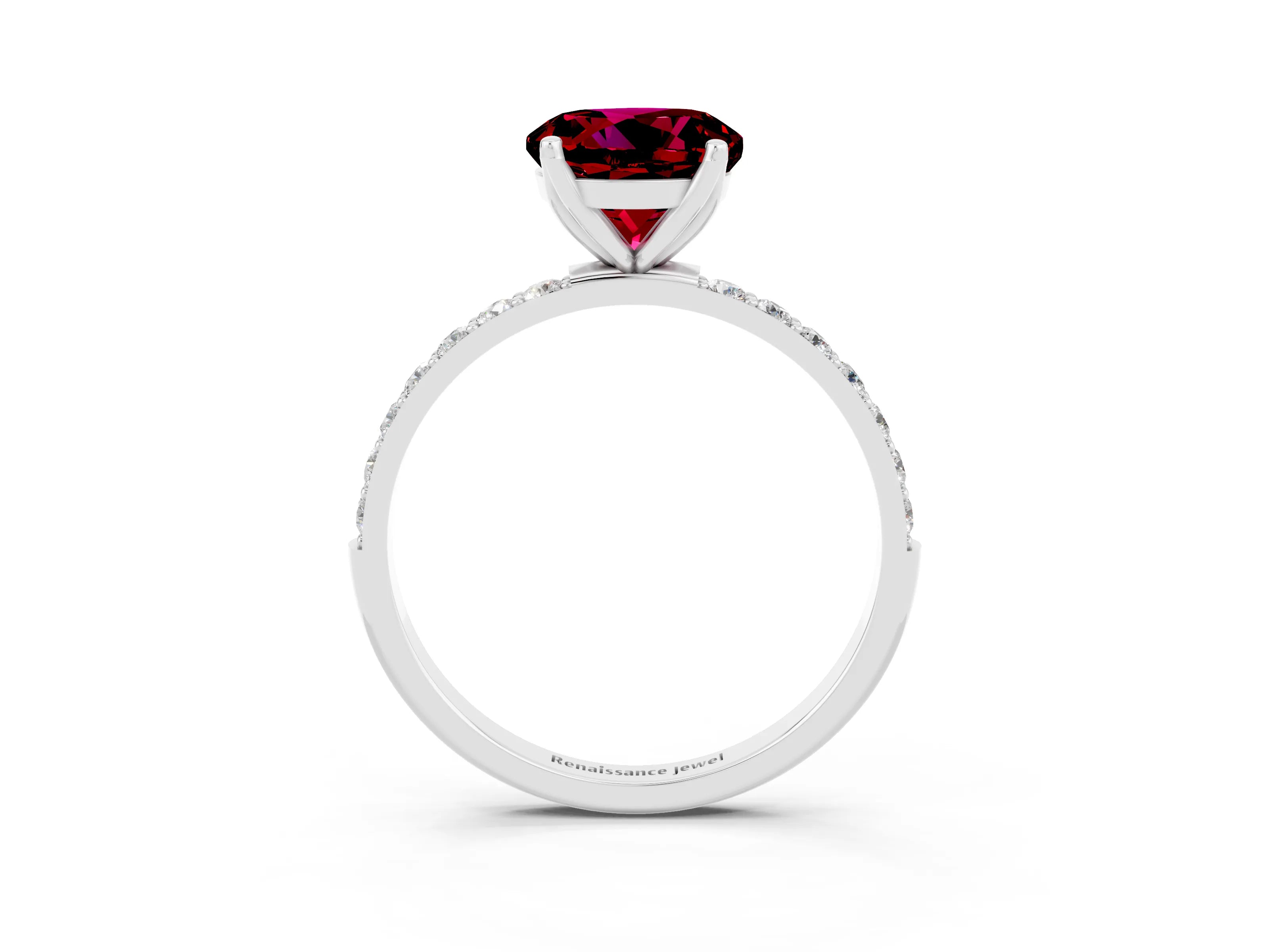 White gold Round Cut Garnet Solitaire Engagement Ring with Pavé Band and Prong Setting_3