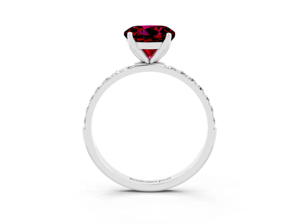Silver Round Cut Garnet Solitaire Engagement Ring with Round  Pavé Band and Prong Setting