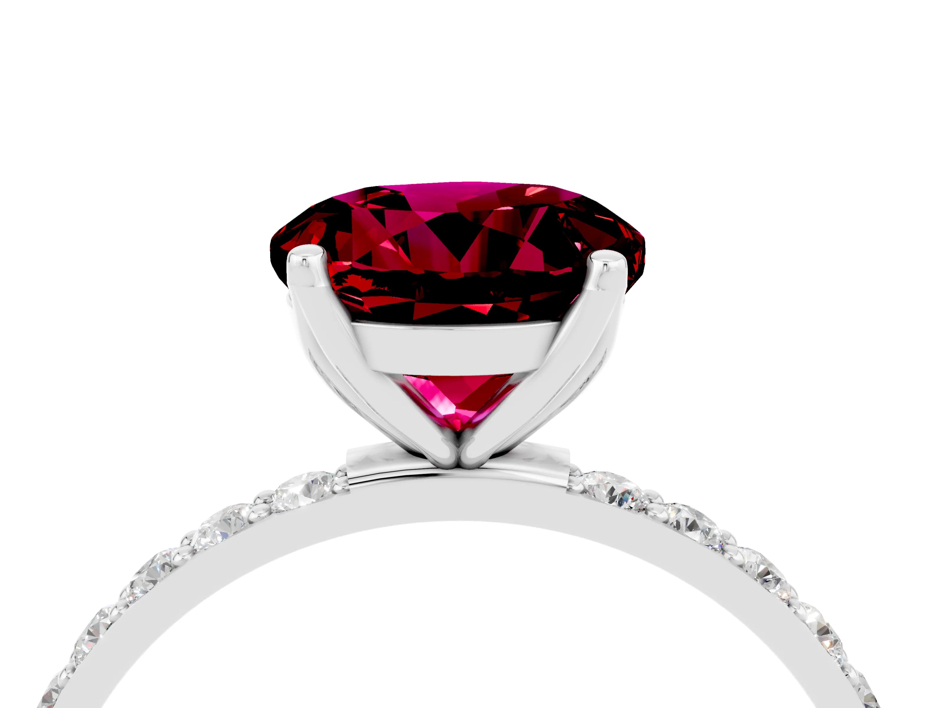 White gold Round Cut Garnet Solitaire Engagement Ring with Pavé Band and Prong Setting_4