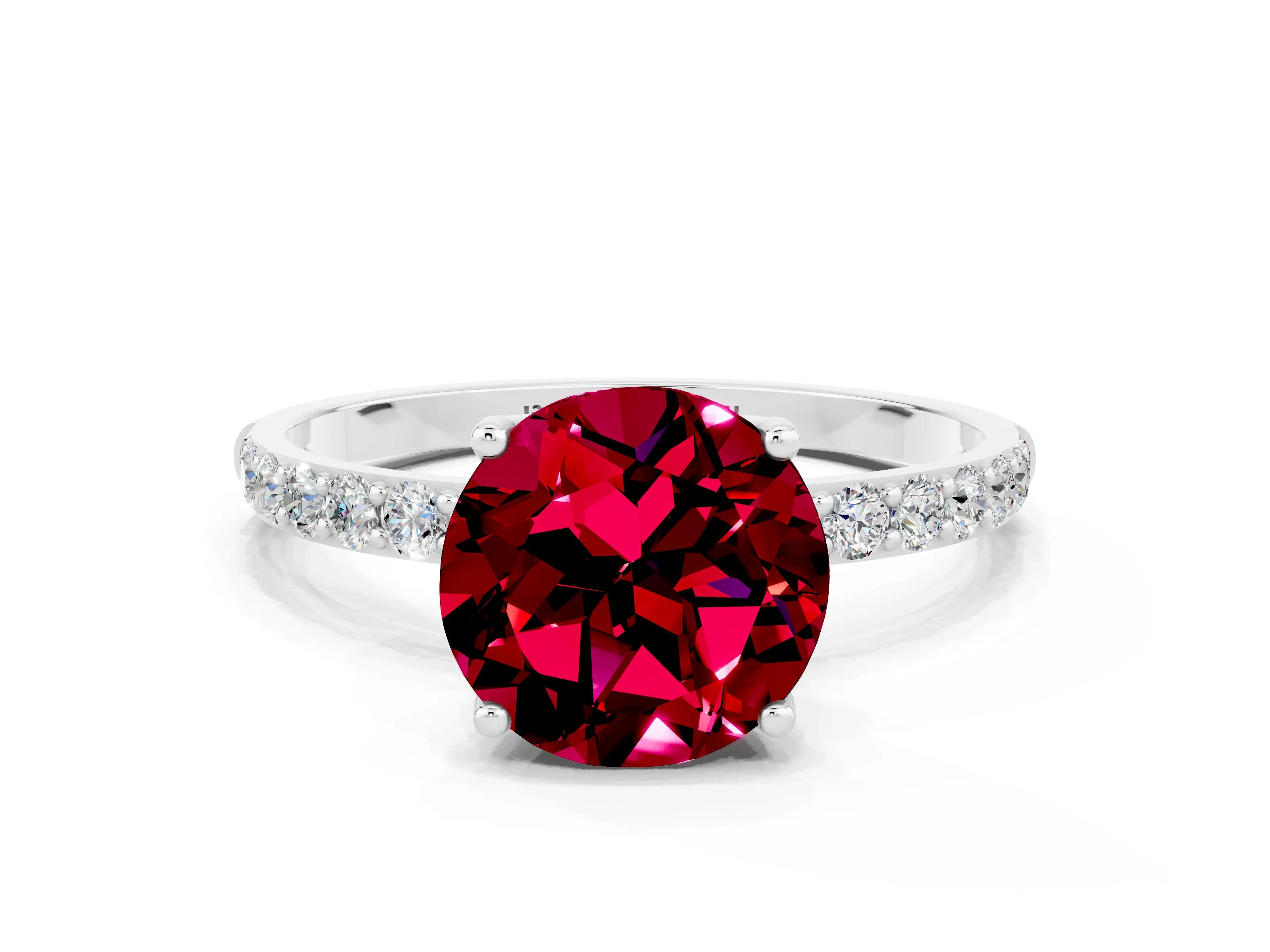White gold Round Cut Garnet Solitaire Engagement Ring with Pavé Band and Prong Setting
