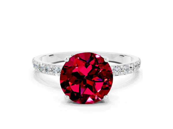 Silver Round Cut Garnet Solitaire Engagement Ring with Round  Pavé Band and Prong Setting