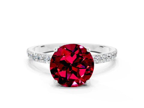 White gold Round Cut Garnet Solitaire Engagement Ring with Pavé Band and Prong Setting