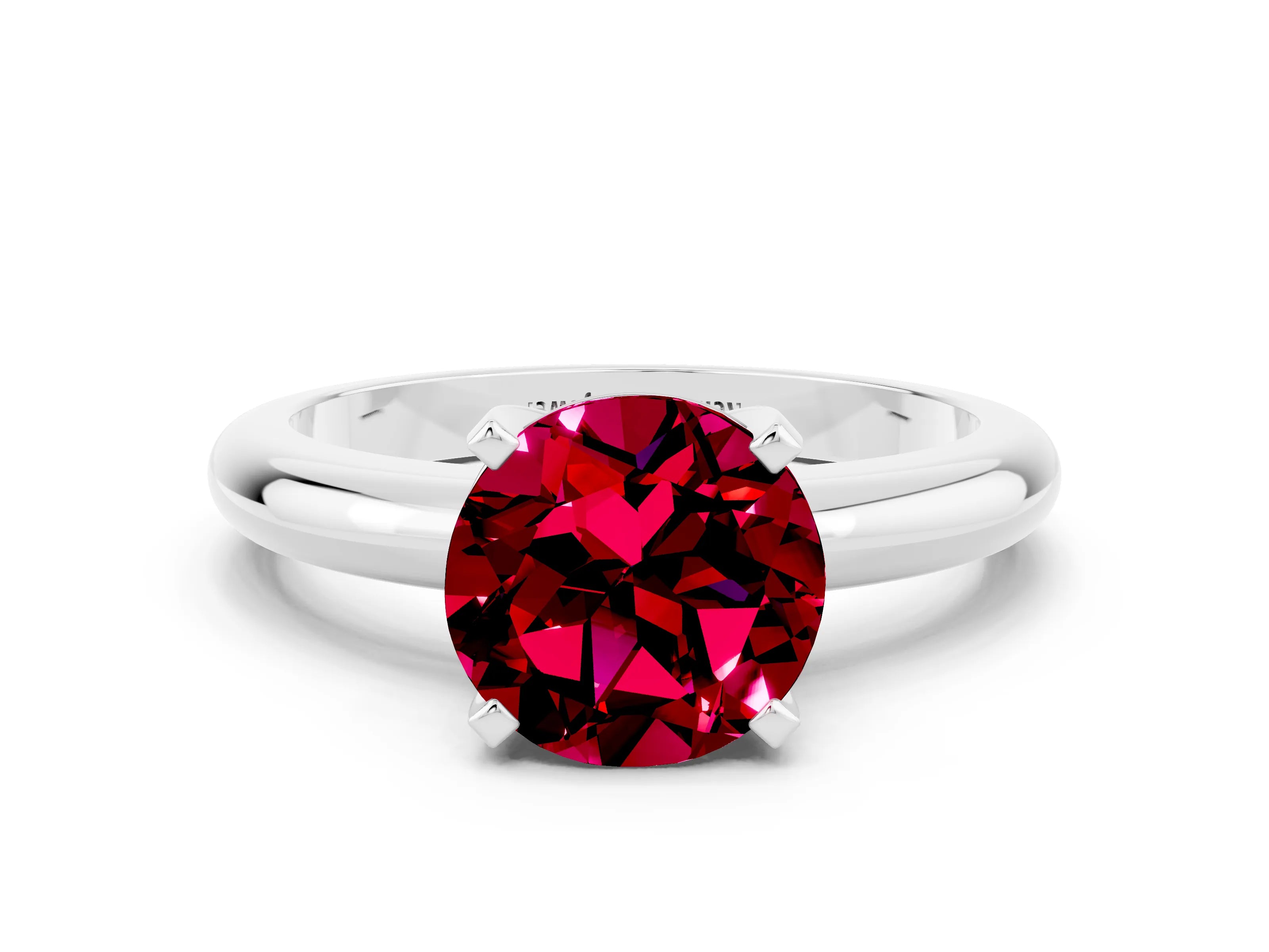 White gold Round Cut Garnet Solitaire Engagement Ring with Round Band and Four-Prong Setting