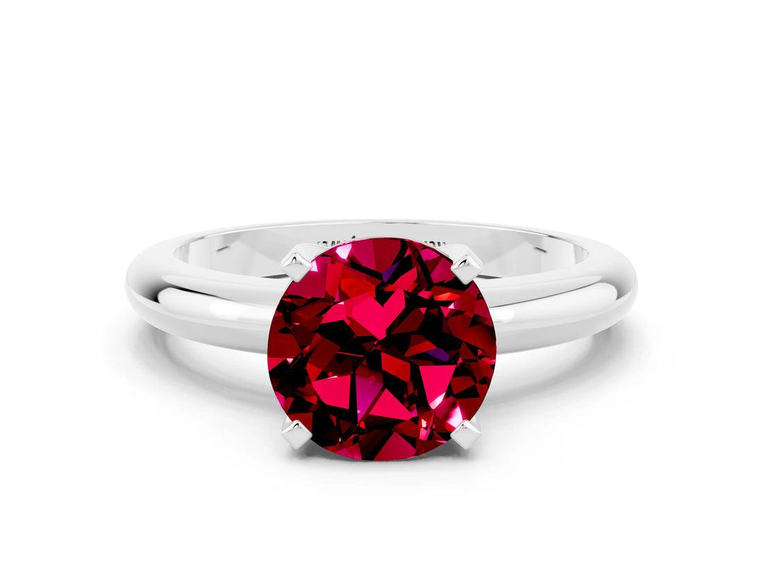 White gold Round Cut Garnet Solitaire Engagement Ring with Round Band and Four-Prong Setting