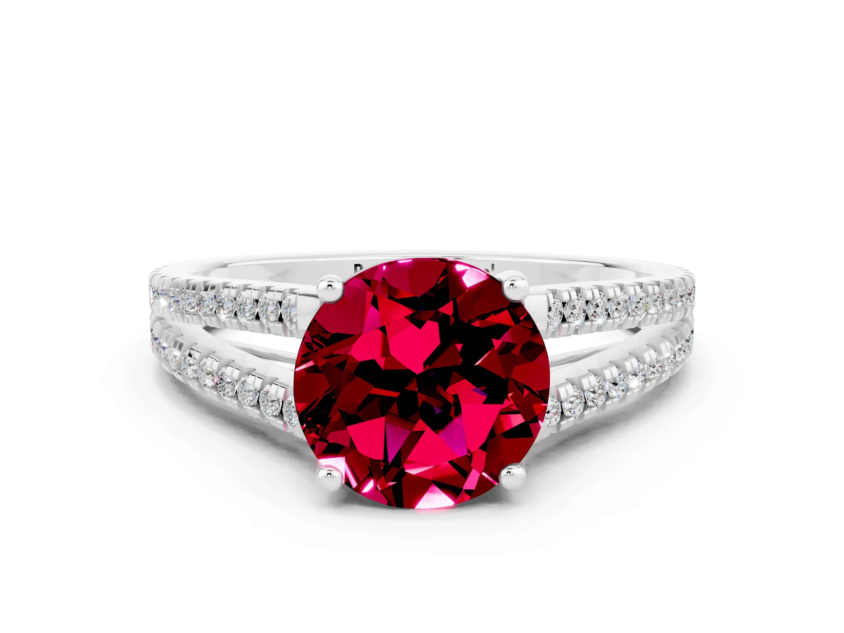 White gold Round Cut Garnet Solitaire Engagement Ring with Split Shank Pavé Band_12