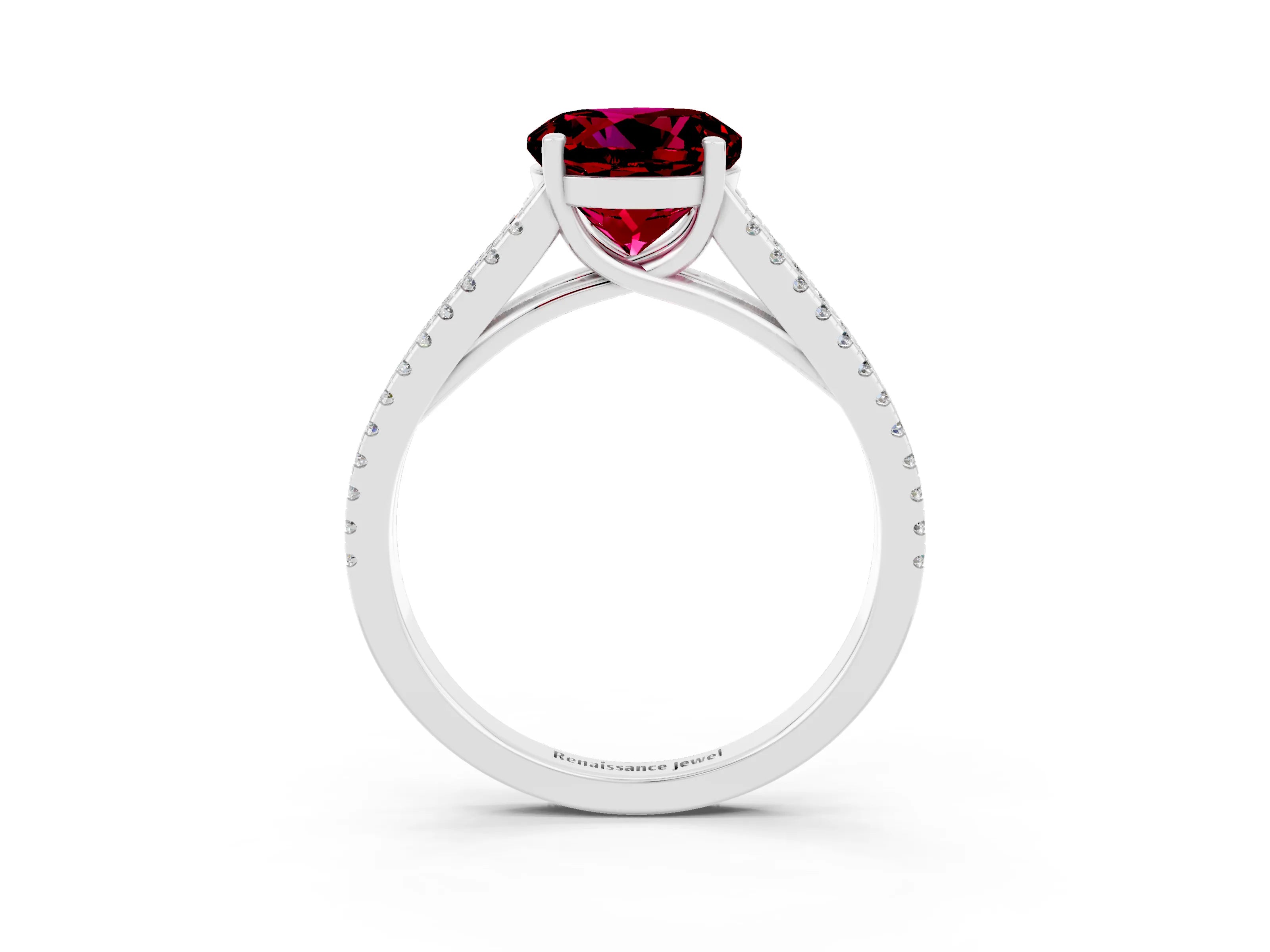 White gold Round Cut Garnet Solitaire Engagement Ring with Split Shank Pavé Band_15