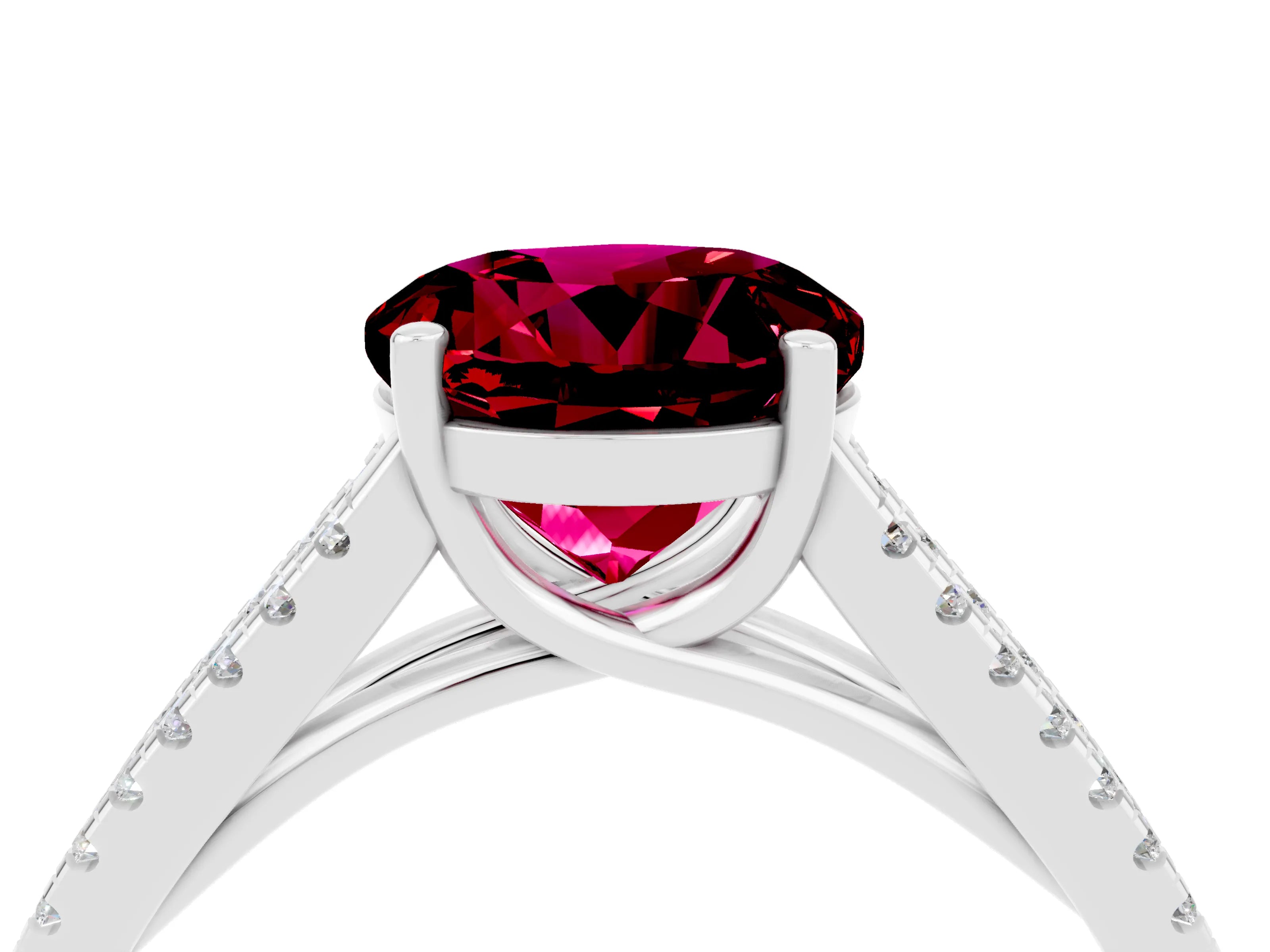 White gold Round Cut Garnet Solitaire Engagement Ring with Split Shank Pavé Band_16