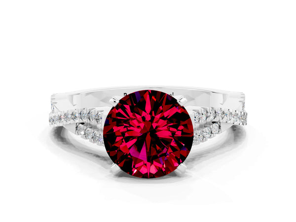 Platinum Round Cut Garnet Solitaire Engagement Ring with Twisted Pavé Band and Four-Prong Setting