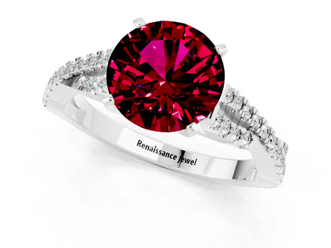 White gold Round Cut Garnet Solitaire Engagement Ring with Twisted Pavé Band and Four-Prong Setting_13