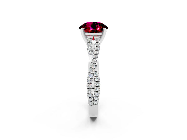 Platinum Round Cut Garnet Solitaire Engagement Ring with Twisted Pavé Band and Four-Prong Setting