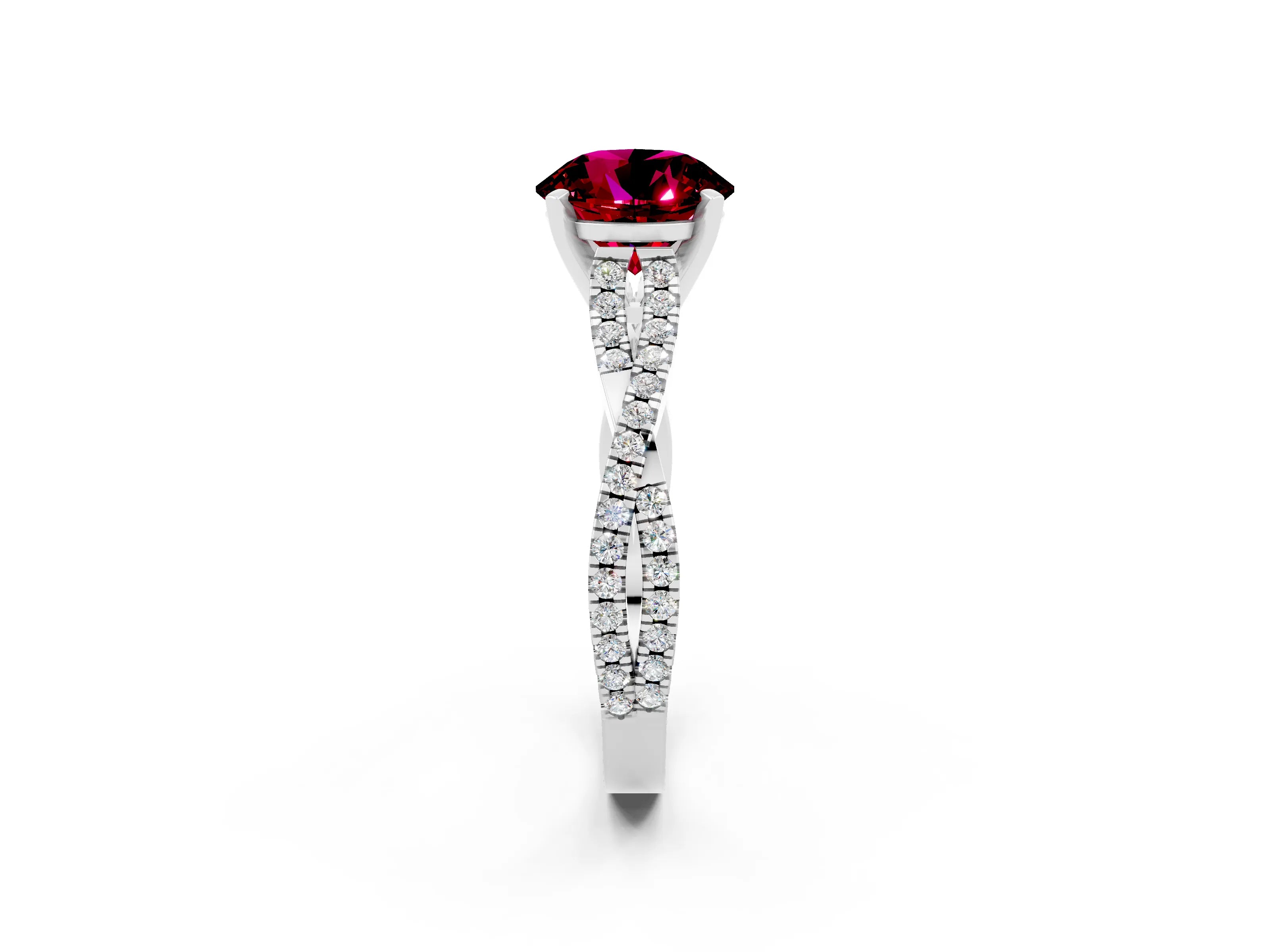 White gold Round Cut Garnet Solitaire Engagement Ring with Twisted Pavé Band and Four-Prong Setting_14