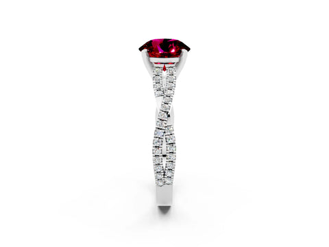 White gold Round Cut Garnet Solitaire Engagement Ring with Twisted Pavé Band and Four-Prong Setting_14