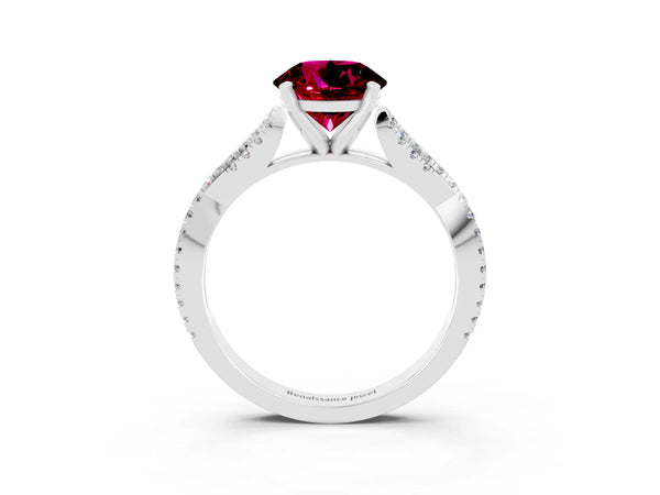 Silver Round Cut Garnet Solitaire Engagement Ring with Twisted Pavé Band and Four-Prong Setting