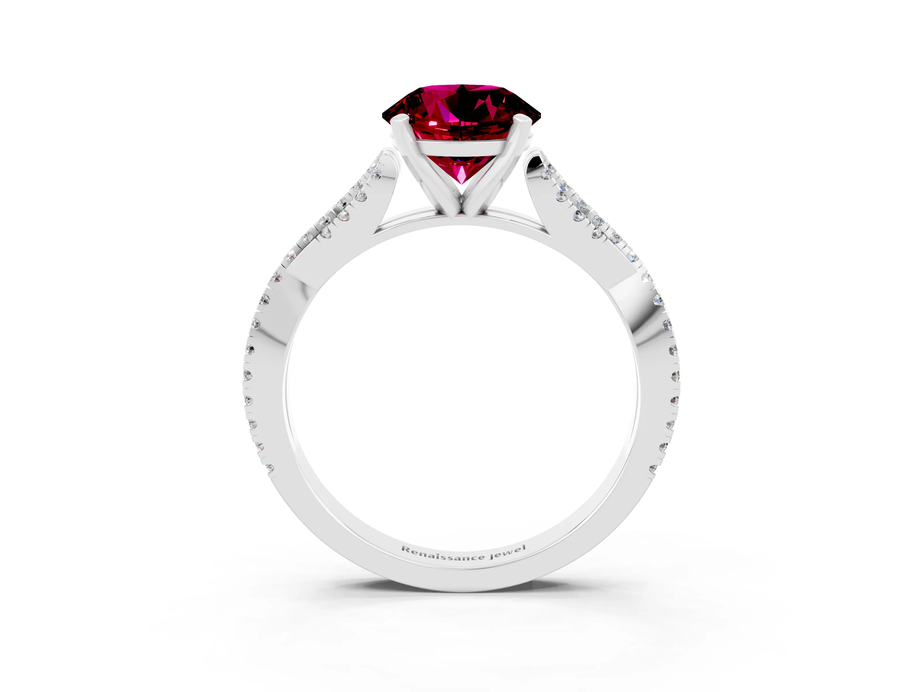 White gold Round Cut Garnet Solitaire Engagement Ring with Twisted Pavé Band and Four-Prong Setting_15