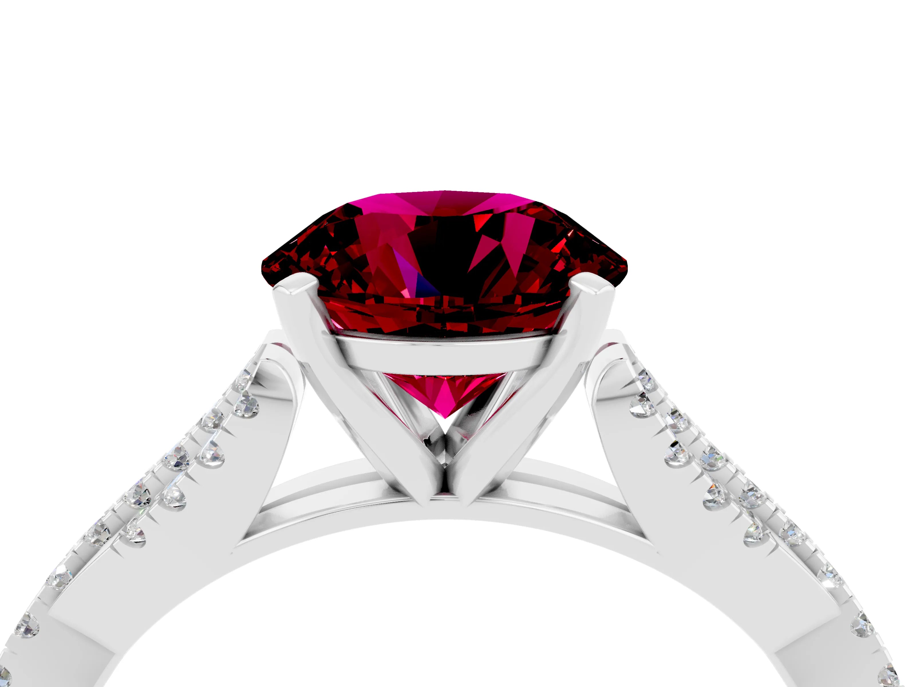 White gold Round Cut Garnet Solitaire Engagement Ring with Twisted Pavé Band and Four-Prong Setting_16